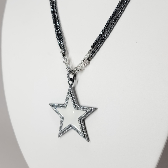 White Enamel Star Pave CZ long Hematite Necklace - Picture 5 of 11